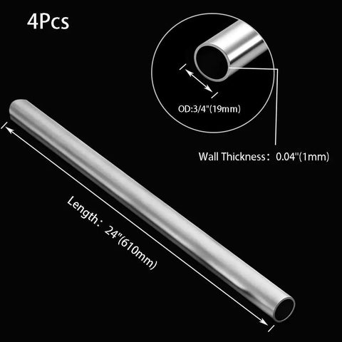 4 Pack 24 Inch Aluminum Tubes Three Quarters Inch Outer Diameter 0.04 Inch Wall Thickness 6063 Aluminum Round Tubing For DIY Projects Heavy Duty Home Decor Machinery And Architectural Use Ideal For Framing Crafting And Custom Decor, showing tubes dimensions.