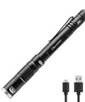 Rechargeable LED Pen Light Flashlight With 300 Lumens, IP67 Waterproof, black pen light with USB cable and pocket clip