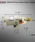 Side view of Diesel Fuel Filter Water Separator for Boats and Trucks, Copper Manual Drain Valve Upgrade, showing dimensions.