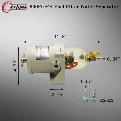 Side view of Diesel Fuel Filter Water Separator for Boats and Trucks, Copper Manual Drain Valve Upgrade, showing dimensions.
