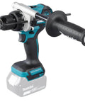 Top Shelf 18V Brushless Cordless Combi Drill Featuring Hammer Drilling 13Mm Chuck Two Speed Control And 21 Torque Settings side view with grip and chuck.