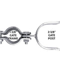 Beefed Up Galvanized Chain Link Fence Gate Fork Latch With Security Padlock Cutout For 1 3/8 Frame And 2 3/8 Post showing mounting details.
