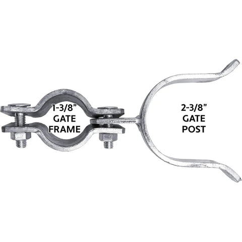 Beefed Up Galvanized Chain Link Fence Gate Fork Latch With Security Padlock Cutout For 1 3/8 Frame And 2 3/8 Post showing mounting details.
