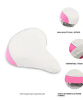 Kids Bike Seat For Girls On 12 To 20 Inch Bikes Wide And Comfy Pink Saddle With Waterproof Material Ergonomic Design For Smooth Easy Install With Mount Included, white seat with pink sides and shock absorbers.