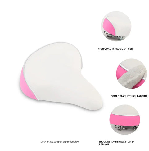 Kids Bike Seat For Girls On 12 To 20 Inch Bikes Wide And Comfy Pink Saddle With Waterproof Material Ergonomic Design For Smooth Easy Install With Mount Included, white seat with pink sides and shock absorbers.