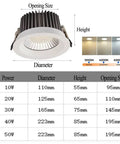 Heavy Duty IP65 Waterproof LED Downlight Set Of 9 With Slick Recessed Baffle Trim and adjustable 3000K to 6000K output specifications.