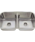 Top view of Undermount 32-1/2 Inch Double Bowl Kitchen Sink in 16 Gauge 304 Stainless Steel, Low Divide Design with broad-curved corners