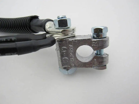 Rock Solid Heavy Duty Battery Cable Big Three Upgrade Harness With Military Grade Terminals Braided Loom close-up of terminal and connectors.