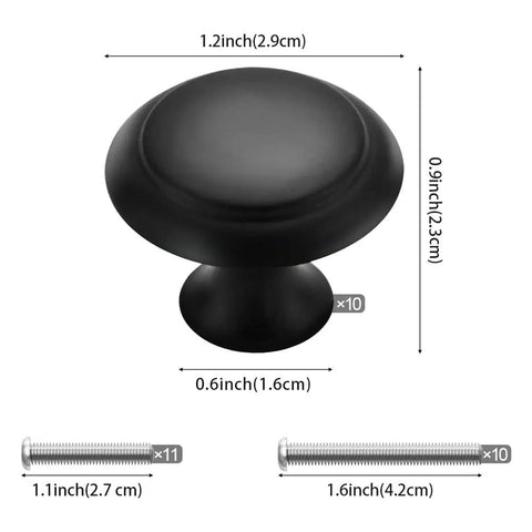 Matte Black Cabinet Knobs 10 Pack 1.2 Inch Round Zinc Alloy Drawer Pulls For Dresser Cabinets Kitchens Modern Single Hole Hardware Sturdy Durable Knobs For Doors And Drawers shown with dimensions.