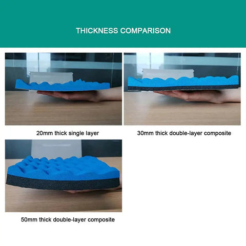 Thickness comparison of high density egg crate acoustic foam rolls, showcasing 20mm, 30mm, and 50mm layers.