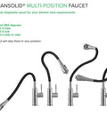 PF7509A Dual Spray Kitchen And Laundry Faucet With Flexible Neck Deck Mount Black Finish shown in various positions