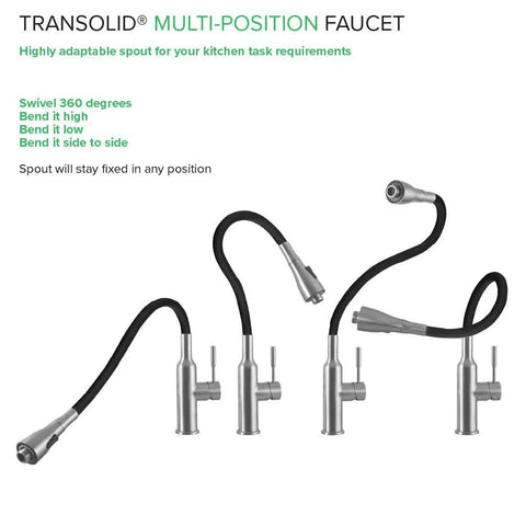 PF7509A Dual Spray Kitchen And Laundry Faucet With Flexible Neck Deck Mount Black Finish shown in various positions