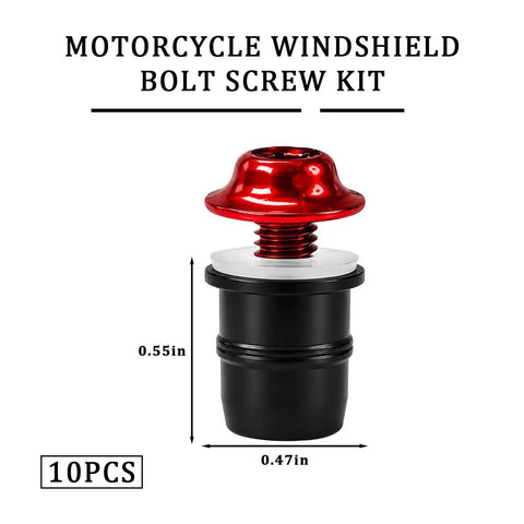 Tough As Nails Ten Piece Motorcycle Windshield Screw Bolt Kit with red fastener, 0.55in height and 0.47in diameter.