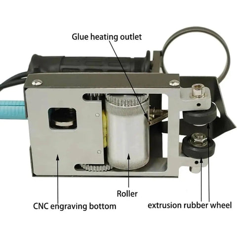Pro Level Handheld Cycloid Veneer Stitching Machine With 60W Power And Heavy Duty Steel Body showing glue heating outlet and roller.