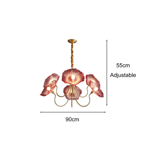 HLRCB Indoor Pendant Light, 21.7", Glass Floral Shade Adjustable Drop with pink glass shades and gold frame, side view.