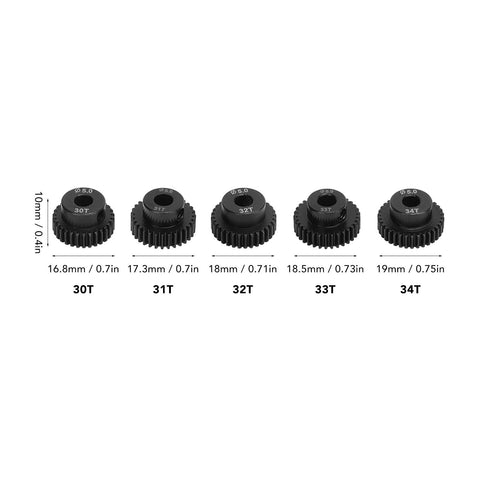 Five Piece RC Pinion Gear Set For 1 To 10 Scale Cars, 48DP 5.0mm Pinions In 30T 31T 32T 33T 34T, showing all five gears