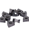 Top view of 10-piece black-coated carbide indexable turning inserts with central holes