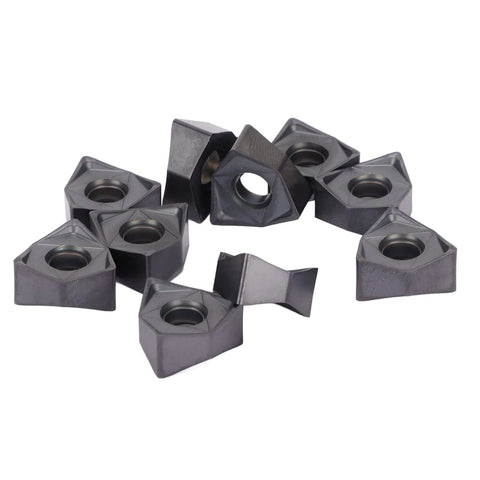 Top view of 10-piece black-coated carbide indexable turning inserts with central holes