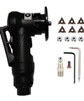 Mulcort black pneumatic chamfering tool front view with six replacement blades, spacers, hex keys, and air fitting