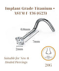 Implant Grade Titanium Nose Stud 20G with cubic zirconia, 7mm depth, suitable for sensitive skin and new piercings.