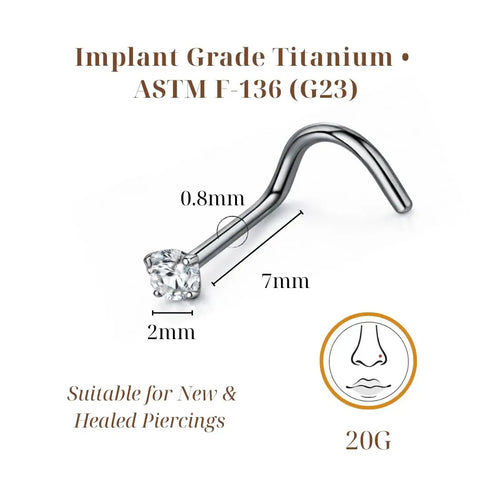 Implant Grade Titanium Nose Stud 20G with cubic zirconia, 7mm depth, suitable for sensitive skin and new piercings.
