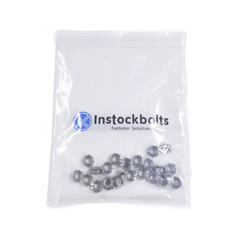 Kickass Number 6-32 Keps Nuts With External Tooth Washer 50 Count in clear bag, stainless steel fasteners for assembly.