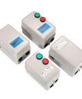 Four plug and play magnetic motor starters for 5HP 220-240V motors, shown from above, with control buttons and labels visible