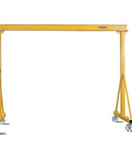 Heavy Duty Portable Fixed Height Gantry Crane With 8 Foot Span And 6000 Pound Lift Capacity, yellow steel frame with smooth rollers.
