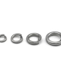 530 Piece 304 Stainless Steel Split Lock Washer Kit With M2 M3 M4 M5 M6 M8 M10 M12 Size Assortment, Heavy Duty Lock Washers That Prevent Nuts And Bolts From Loosening From Vibration, Great For Auto, Machinery, And DIY Projects. Close-up of stainless steel split lock washers in assorted sizes
