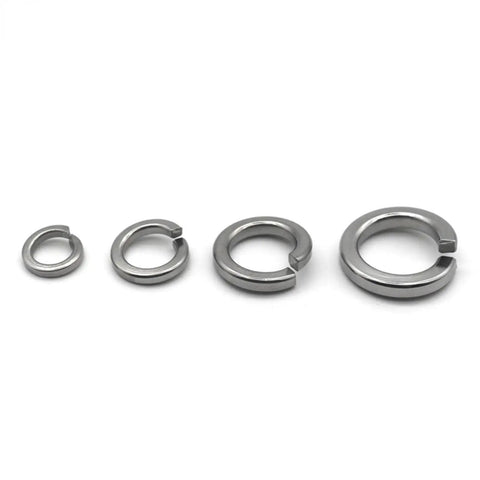 530 Piece 304 Stainless Steel Split Lock Washer Kit With M2 M3 M4 M5 M6 M8 M10 M12 Size Assortment, Heavy Duty Lock Washers That Prevent Nuts And Bolts From Loosening From Vibration, Great For Auto, Machinery, And DIY Projects. Close-up of stainless steel split lock washers in assorted sizes