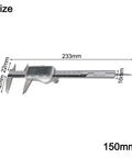 Rechargeable Vernier Digital Caliper measuring 233mm length and 42mm height, featuring a sleek stainless steel design.