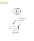 Technical diagram of a Two Point Five Inch 45 Degree Elbow Dust Collection Fitting ABS Plastic Black Durable Connector