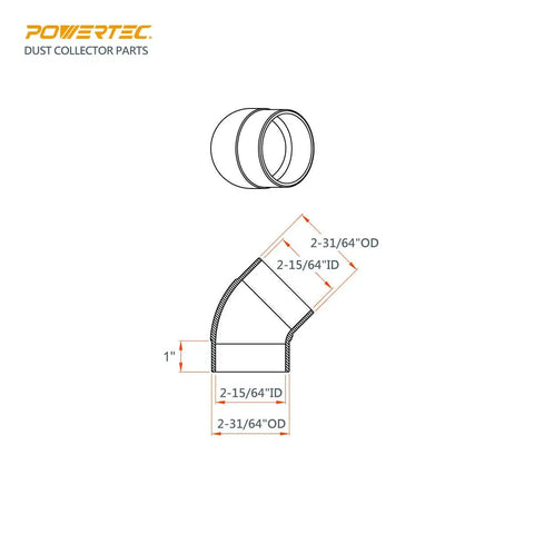 Technical diagram of a Two Point Five Inch 45 Degree Elbow Dust Collection Fitting ABS Plastic Black Durable Connector
