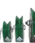 Side view of V-groove caster wheel set with green steel wheels and mounting plates in varying sizes