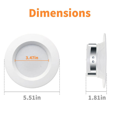 Peteme E26 Retrofit LED Recessed Lighting 4 Inch, IC Rated ETL Certified dimensions diagram showing LED size 5.51in diameter and 1.81in height.