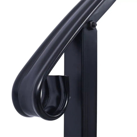 Close-up of Heavy Duty Wrought Iron Handrail For Outdoor Steps, showing curved end and matte black finish.
