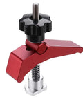 Rock Solid Aluminum T Track Hold Down Clamps For Woodworking And Metalworking Projects Plus Quick Slide In T Slot Press Clamps showing red aluminum clamp with black knob.