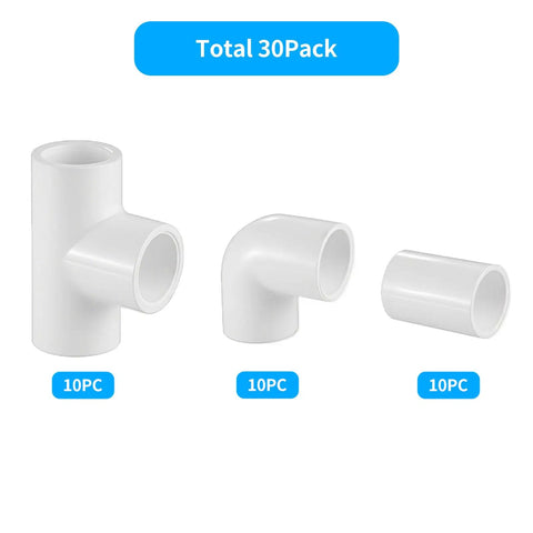 LESSO 30 Pcs 1/2 Inch PVC Fittings Set with Tee, Elbow, and Coupling shown, Sch40 White for DIY Projects, Greenhouse, Shed