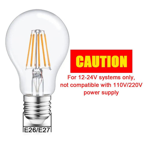 12V LED Bulb 6W 600Lm E26 E27 Base 12 To 24V AC DC Ready 4 Pack For Off Grid Solar Battery Systems RV Camper Marine Lighting, caution note