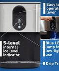 Top Rated Countertop Ice Maker Featuring Slick Self Serve Lever And Built In Self Cleaning Cycle That Whips Up Smooth Chewable Nugget Ice Fast For Any Modern Home Or Office Setup, showing 5-level ice level indicator.