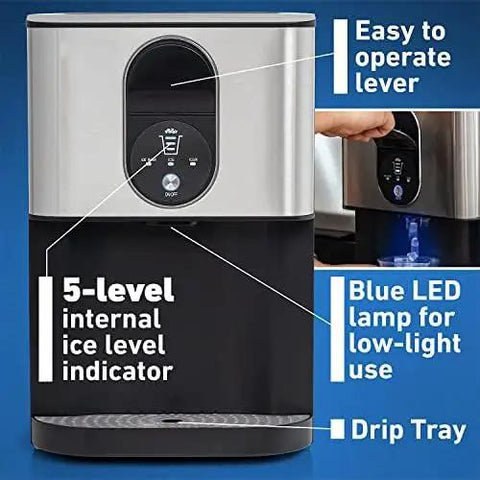 Top Rated Countertop Ice Maker Featuring Slick Self Serve Lever And Built In Self Cleaning Cycle That Whips Up Smooth Chewable Nugget Ice Fast For Any Modern Home Or Office Setup, showing 5-level ice level indicator.