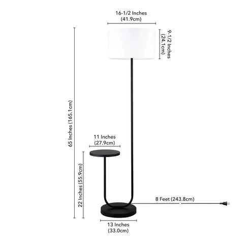 Tray Table Floor Lamp With White Drum Fabric Shade In Blackened Bronze Finish 65 Inches Tall Modern Sleek Lighting with measurements