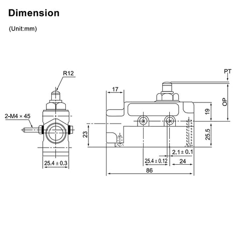 Technical drawing of Sealed TZ-6001 Limit Switch Pack of 2, showing dimensions and design with IP65 waterproof and oil-proof aluminum shell.