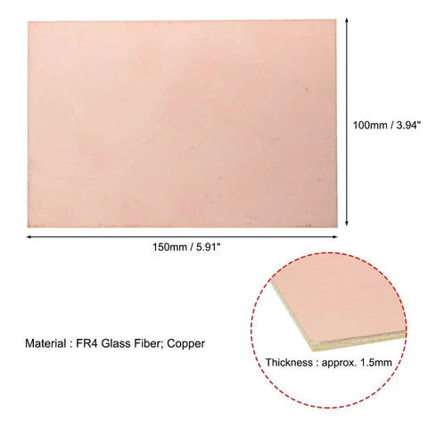 Double-Sided Copper Clad Laminate PCB Board FR4 150x100mm 1.5mm thick showing dimensions and material details