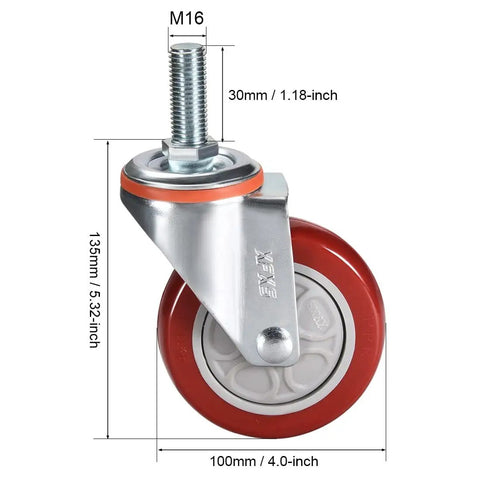 Rock Solid Heavy Duty Furniture Casters With Polyurethane Swivel Wheels showing a 100mm caster wheel with threaded stem design.