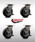 Built Tough Rock Solid Heavy Duty Swivel Caster Set Of 4 With 6 Inch Rubber On Aluminum Wheels and Top Lock Brakes, close-up view.
