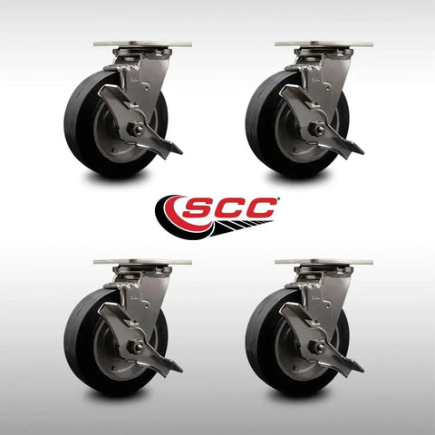 Built Tough Rock Solid Heavy Duty Swivel Caster Set Of 4 With 6 Inch Rubber On Aluminum Wheels and Top Lock Brakes, close-up view.