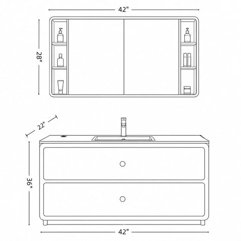 42 Inch Freestanding Single Sink Bathroom Vanity With Defogging LED Mirror Cabinet And Soft Neutral Finish For A Dope Modern Refresh That Hits Different In Your Space, top and front view with dimensions.