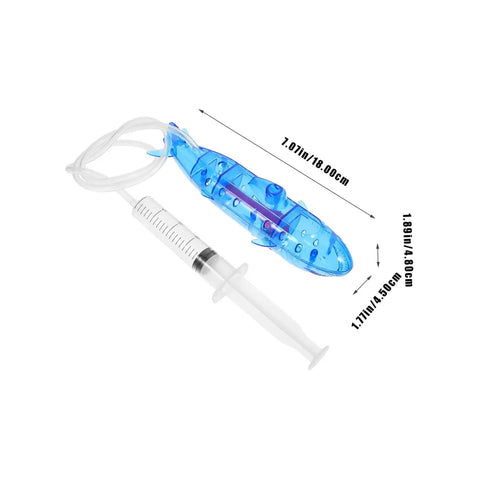 Submarine RC Drone Buoyancy Demo Toy with syringe, blue plastic, size 18x4.8x4.5 cm, for kids educational water lab kit.