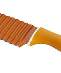 Crinkle-cut knife side view with large orange wavy blade and orange handle